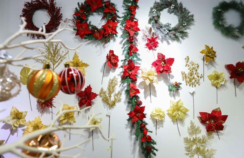 Suspend garlands from the ceiling or walls to fill empty spaces with festivity.